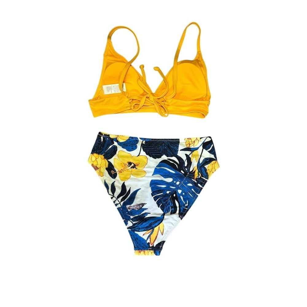 Cupshe Women Sz L Two-Piece Bikini Blue Leaf Print Crisscross Back Tie Swimsuit - Picture 4 of 16